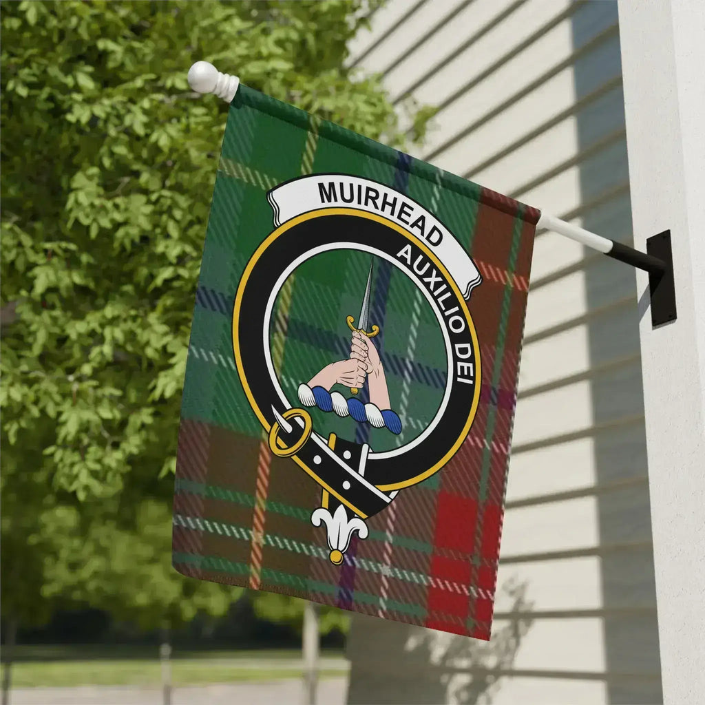 Clan Muirhead Auxilio Dei tartan garden flag — 12x18 inch poly poplin-canvas with clan crest