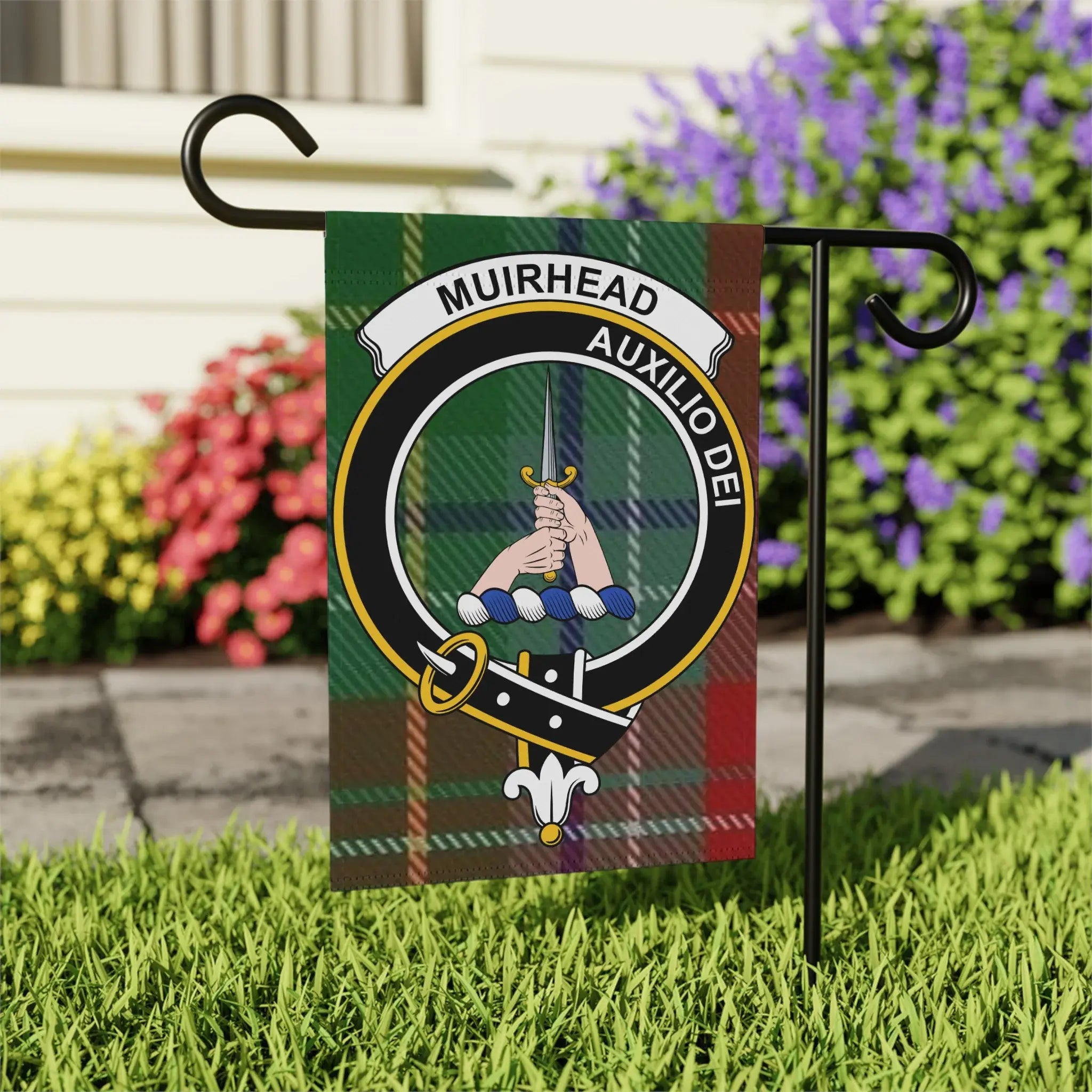 Muirhead Auxilio Dei clan crest garden flag on standard pole — 24.5x32 inch with tartan design
