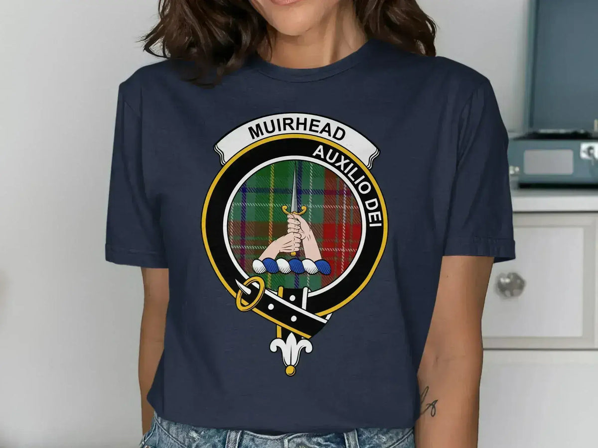 Muirhead Auxilio Dei graphic t-shirt in navy — front view showing clan tartan badge print