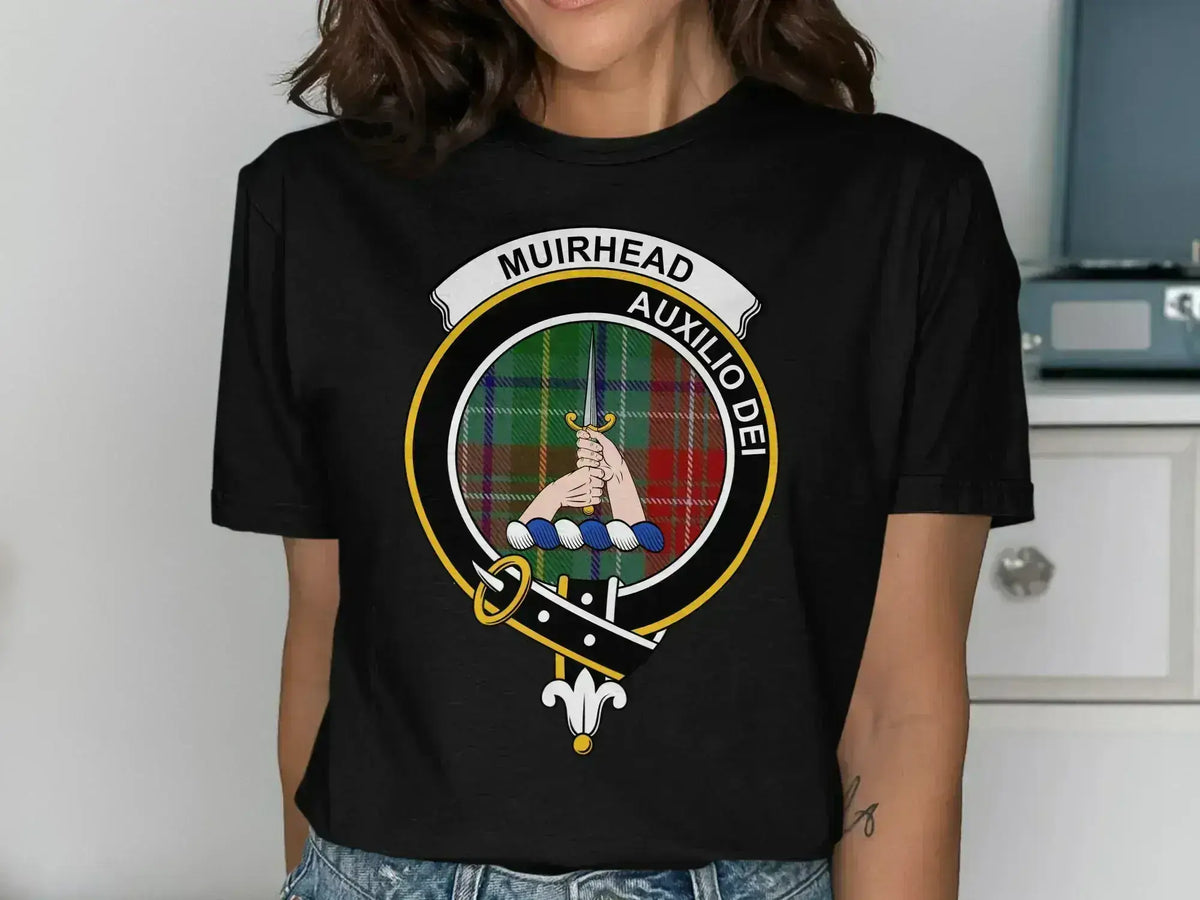 Clan Muirhead Auxilio Dei ring crest design t-shirt in navy — Scottish clan on cotton tee