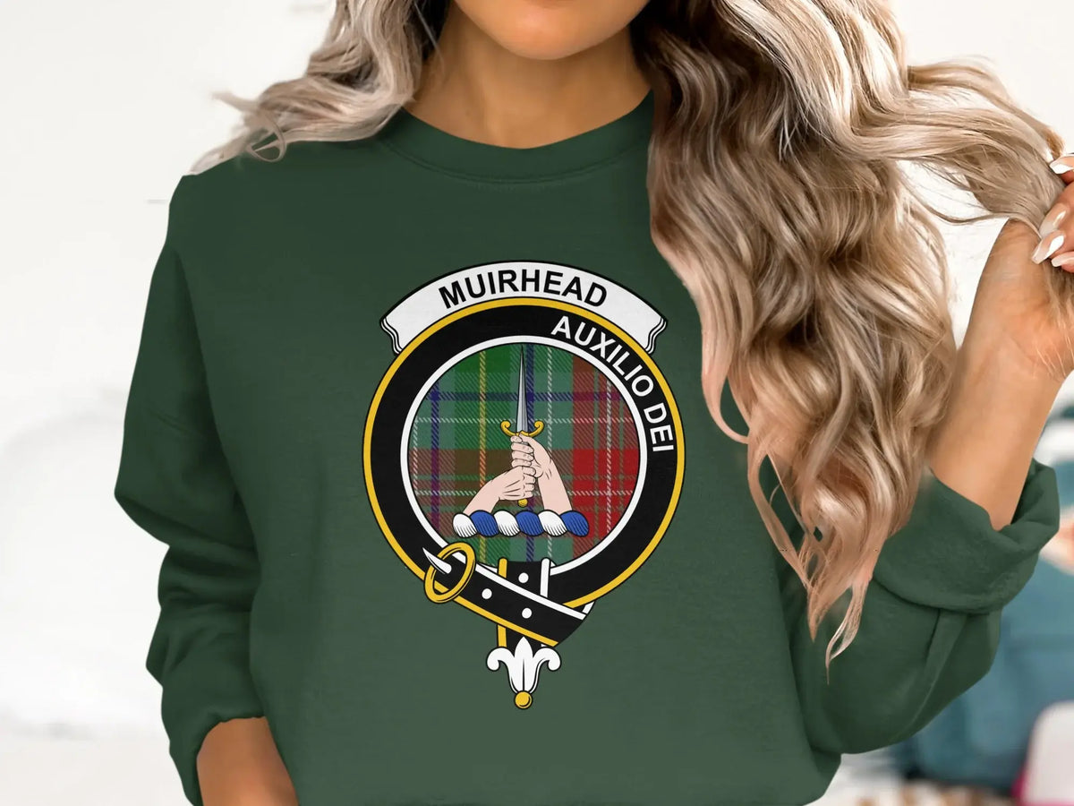 Muirhead Auxilio Dei crest sweatshirt in forest green — clan design on fleece crewneck