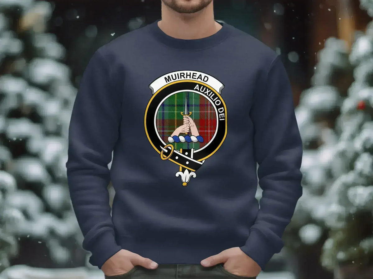 Muirhead Auxilio Dei clan shield sweatshirt in black — Scottish tartan on fleece pullover