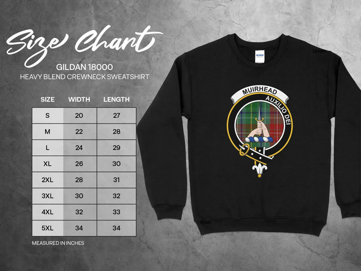 Muirhead Auxilio Dei clan crest crewneck sweatshirt with tartan design on heavy-blend fleece