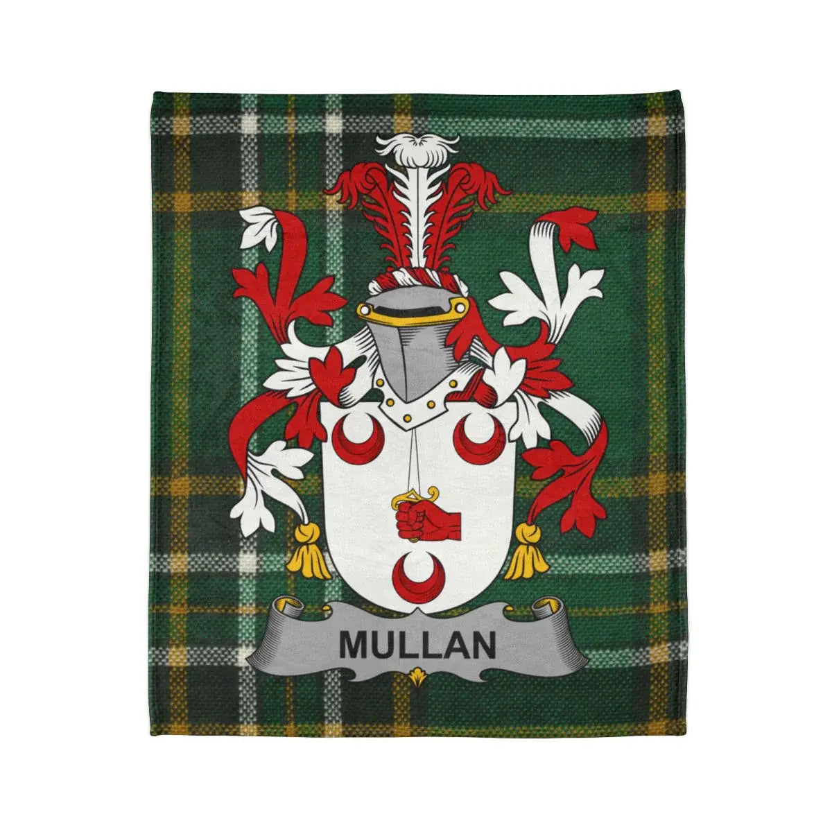 Mullan Family Crest on Green Tartan Blanket Product