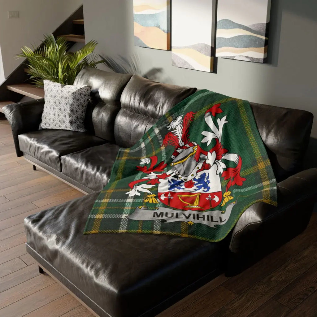 Custom Mulvihill Family Crest Green Plaid Blanket