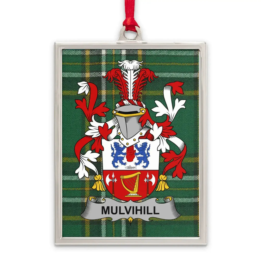 Mulvihill Family Crest on Tartan Background Ornament product