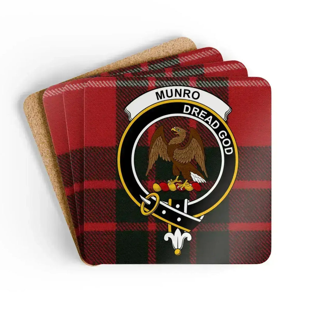 Clan Munro Dread God eagle crest tartan cork coaster set — four 3.75-inch square glossy coasters
