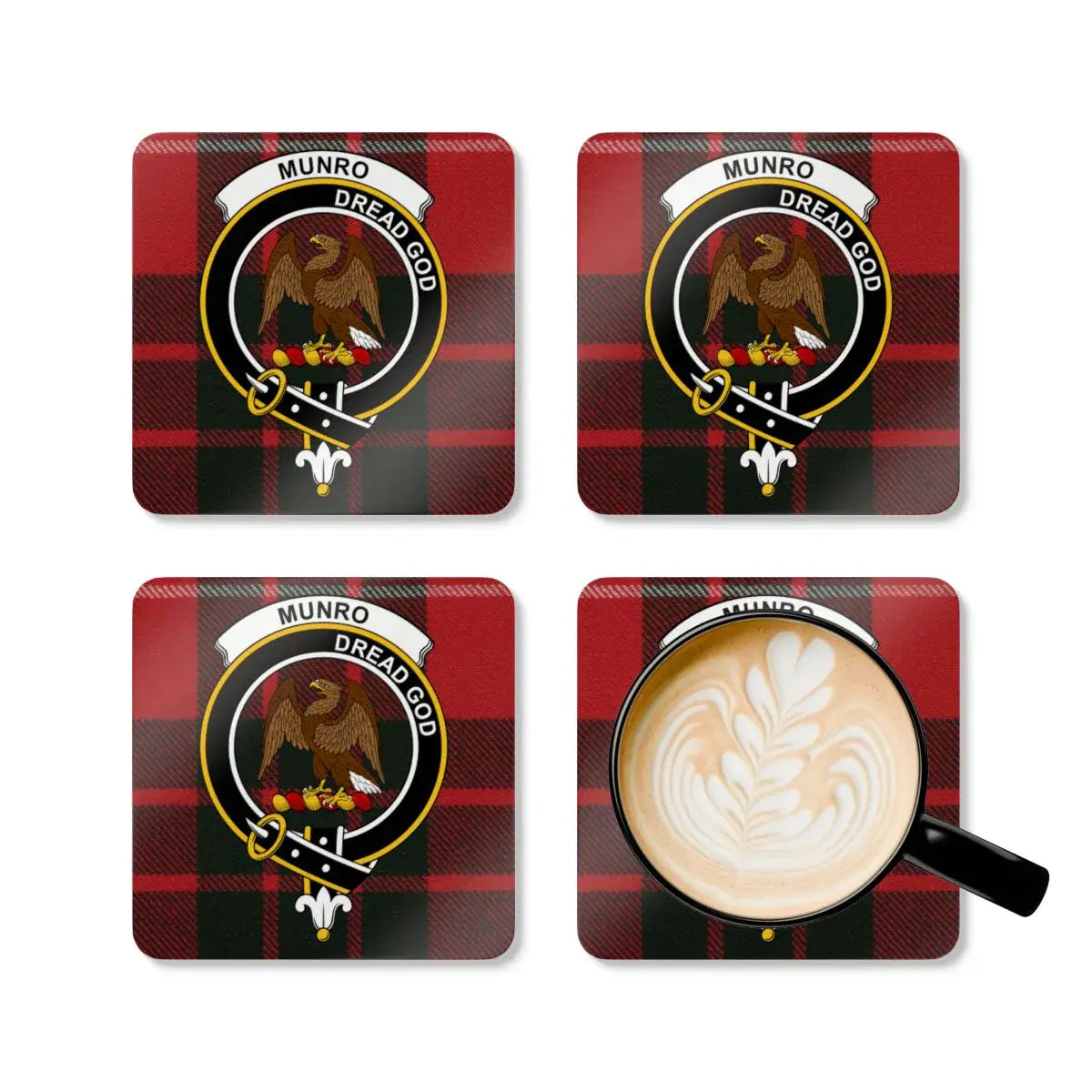 Munro Dread God clan crest plaid design coasters in use — tartan print with natural cork base