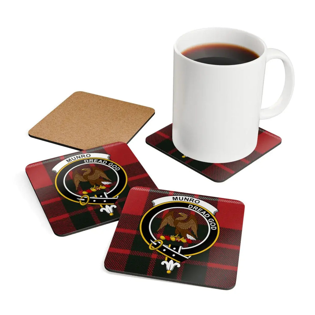 Munro Dread God tartan plaid coasters displayed — clan eagle crest on square cork coasters