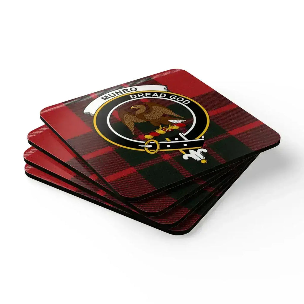 Munro Dread God clan insignia tartan coaster set displayed flat — full set of four