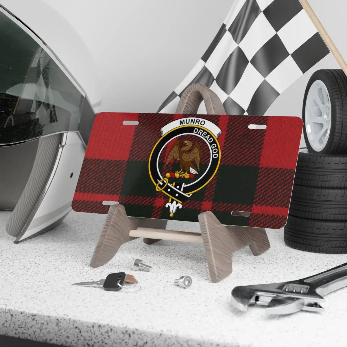 Clan Munro Dread God eagle crest tartan novelty license plate — 12x6 inch aluminium with printed clan design