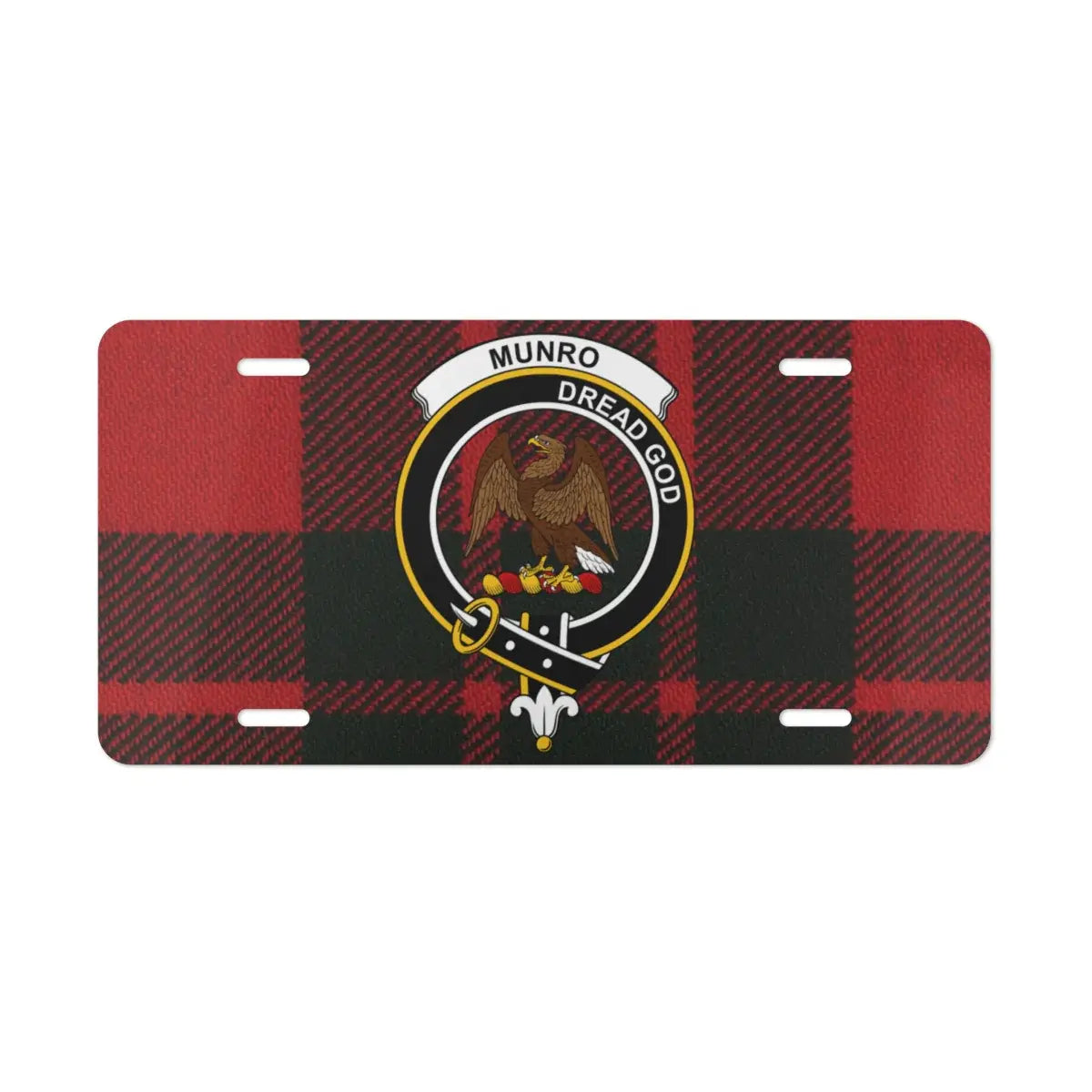 Munro Dread God eagle insignia tartan license plate — pre-drilled aluminium novelty plate