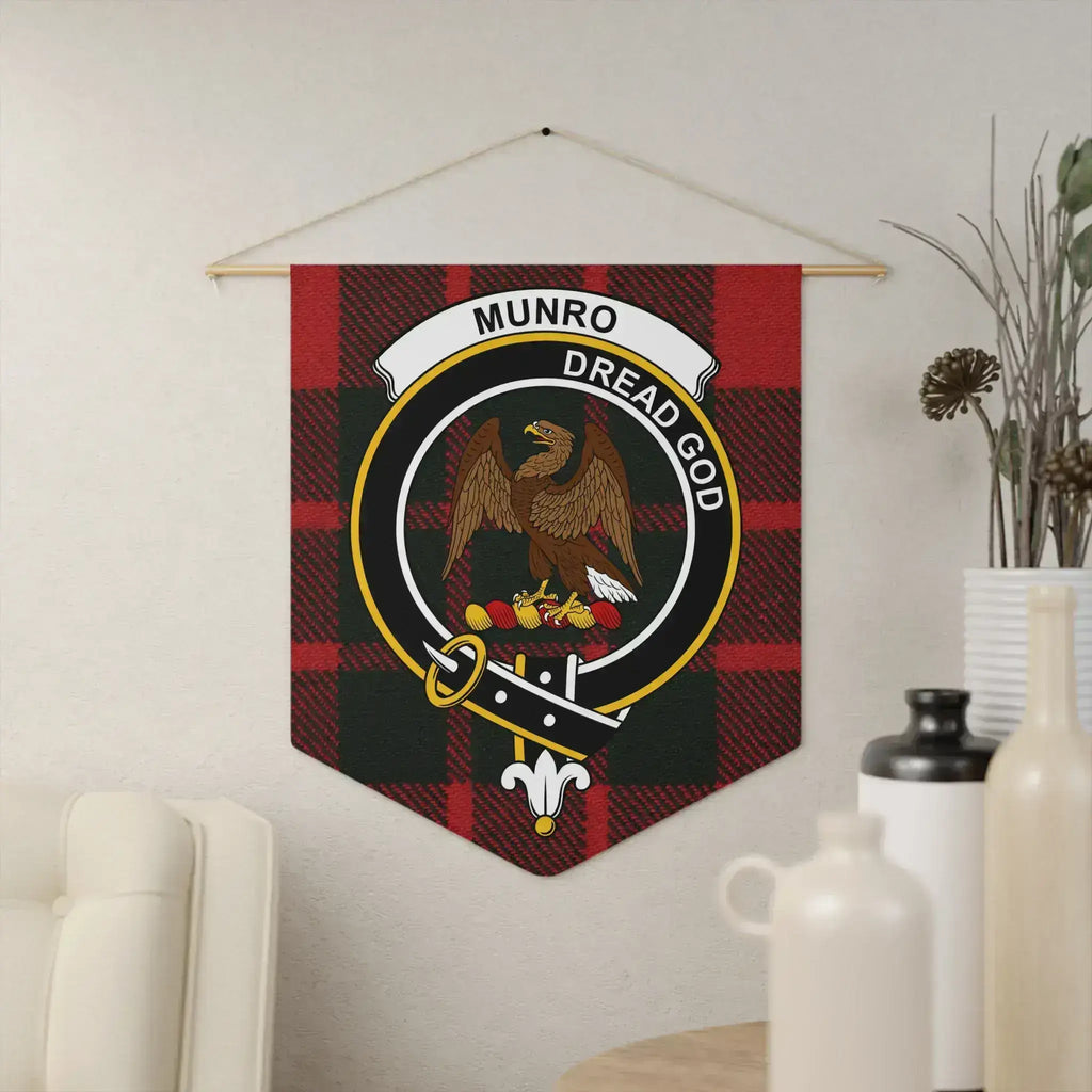 Clan Munro Dread God eagle crest tartan pennant hung on wall — 18x21 inch polyester twill with wooden dowel