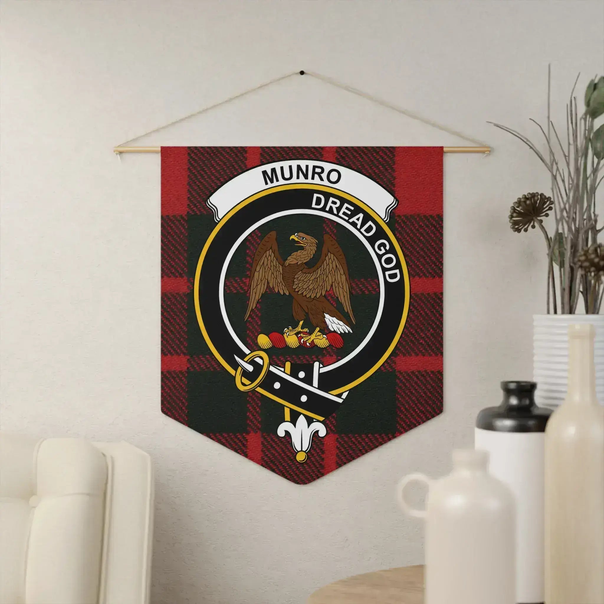 Clan Munro Dread God eagle crest tartan pennant hung on wall — 18x21 inch polyester twill with wooden dowel