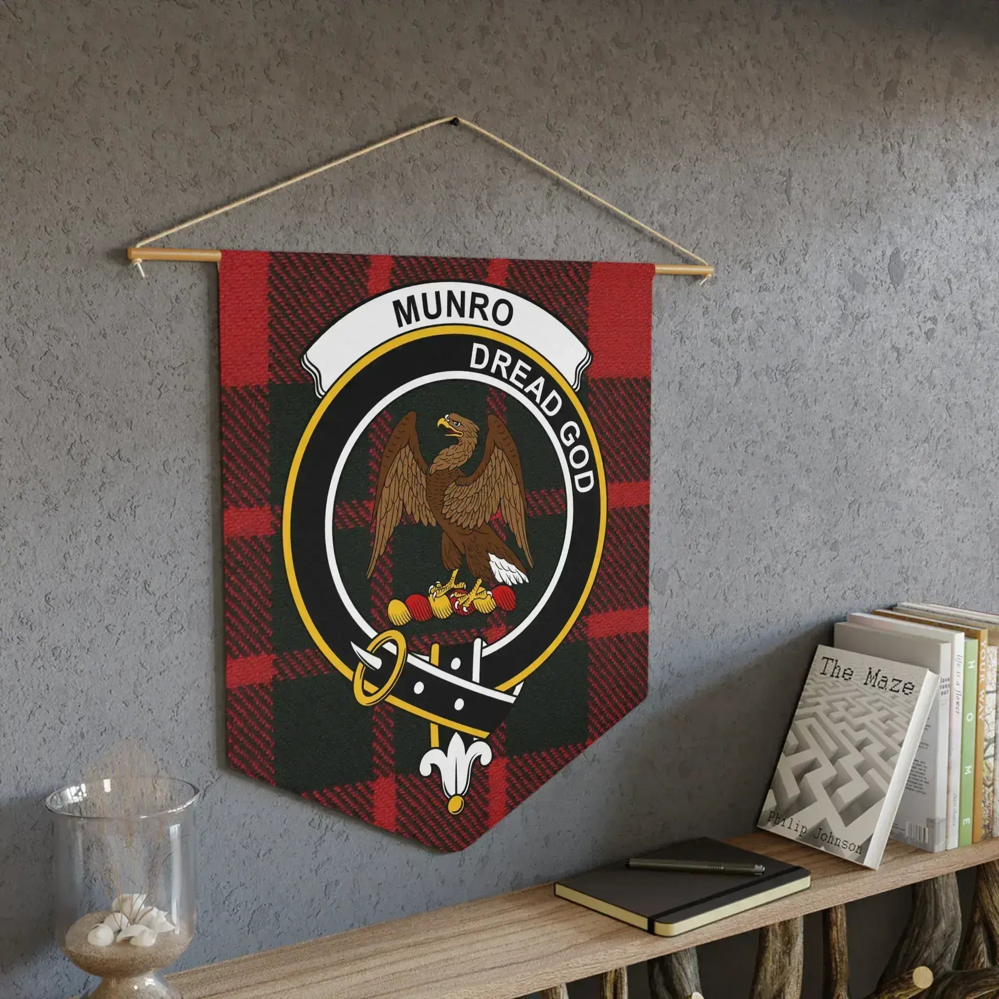 Munro Dread God clan crest tartan banner for display — highlander eagle pennant with laser-cut edge