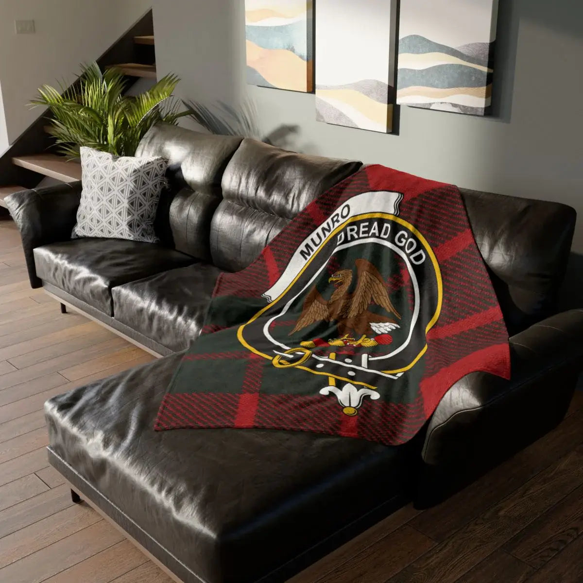Clan Munro Dread God eagle crest tartan throw blanket — clan colours on sofa, 50x60 inch polyester