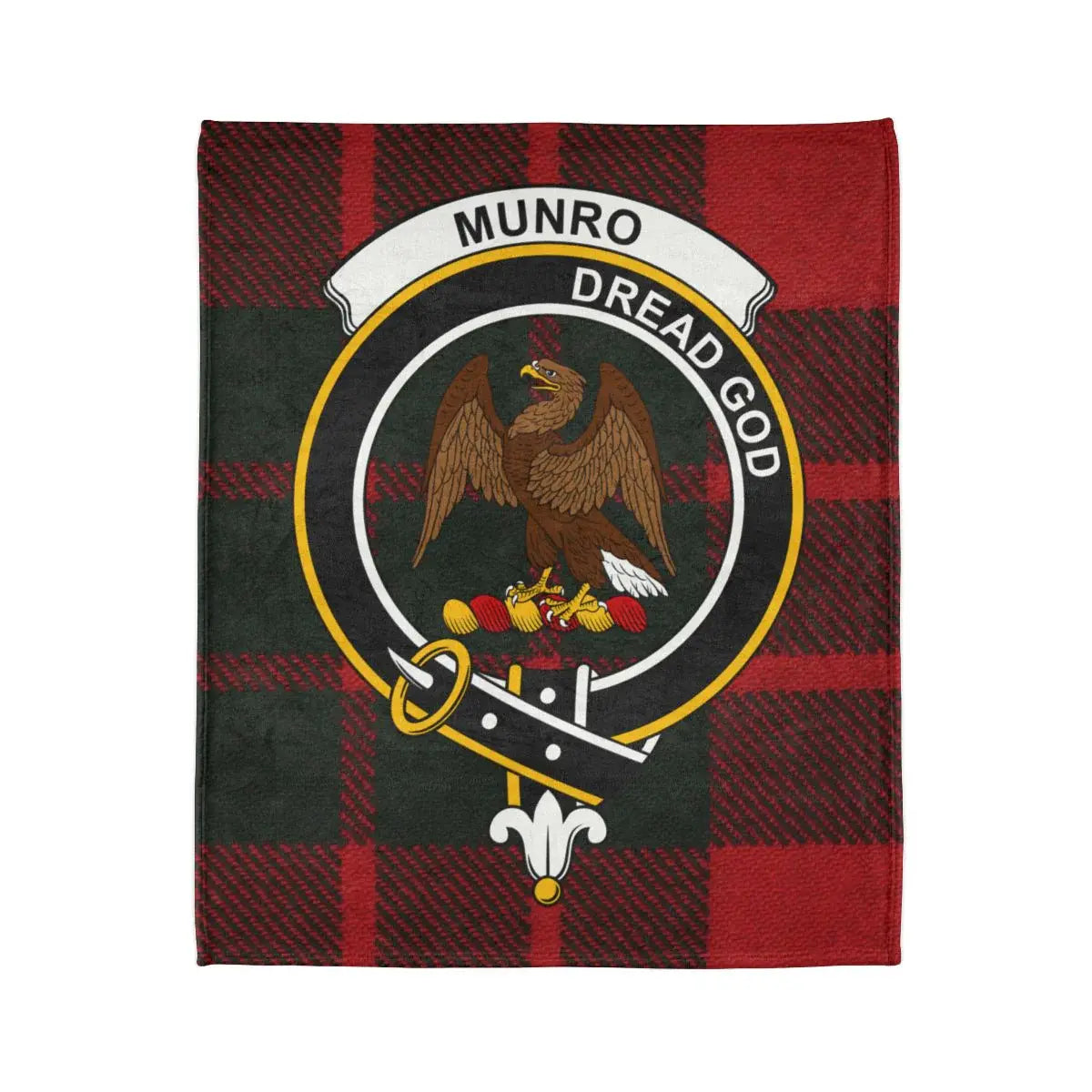 Munro Dread God eagle insignia plaid tartan throw blanket — clan crest on printed polyester