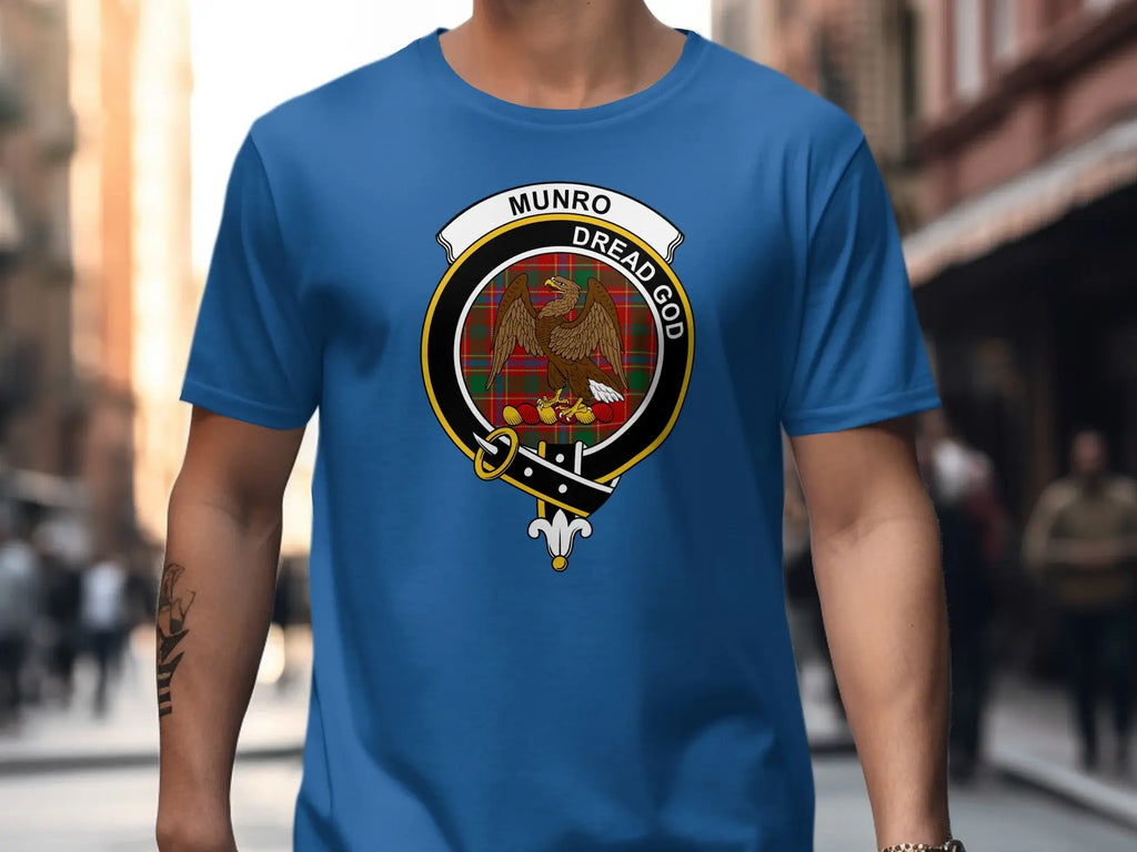 Munro Dread God emblem t-shirt in royal blue — Scottish clan eagle crest on cotton tee