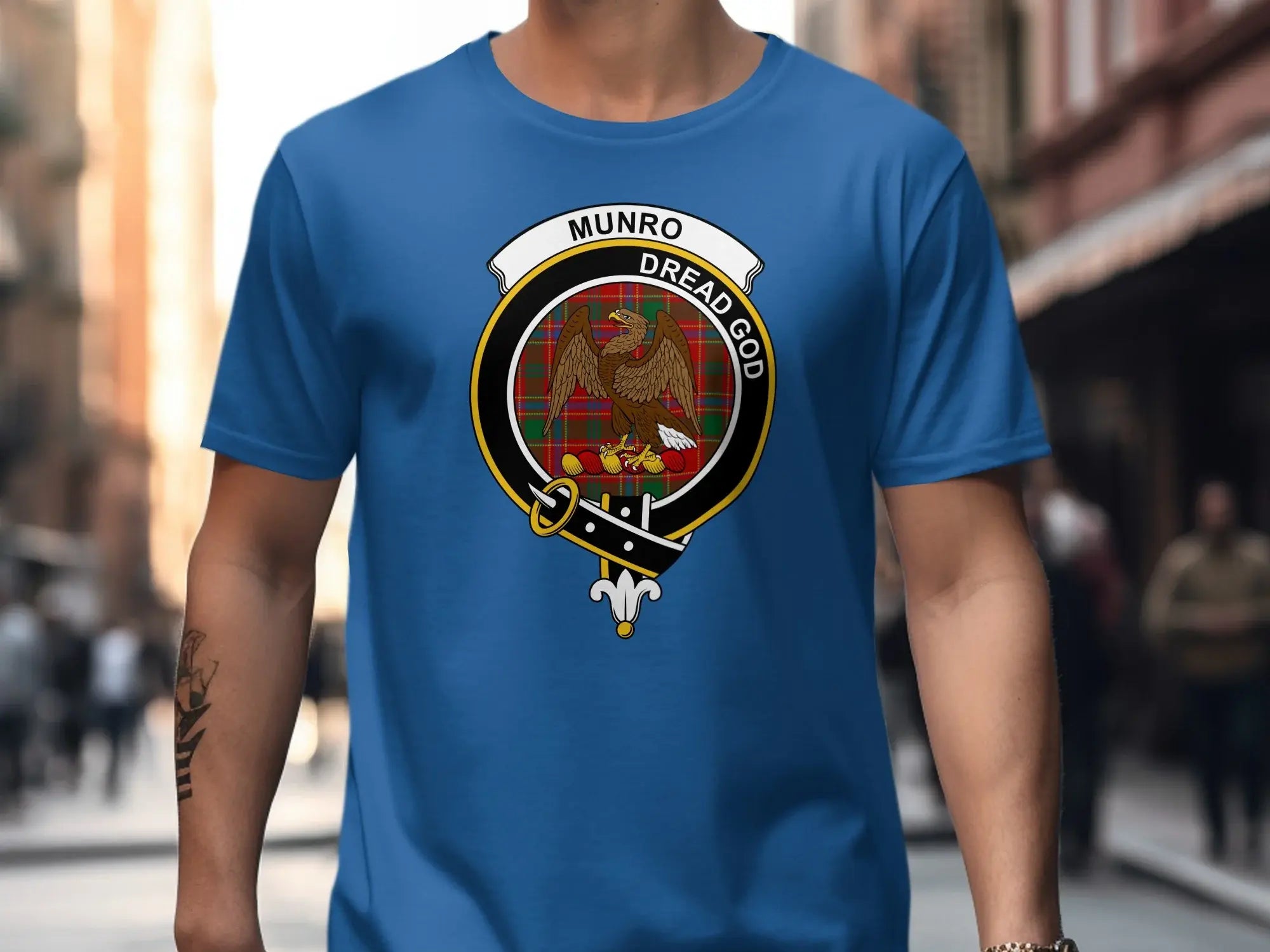 Munro Dread God emblem t-shirt in royal blue — Scottish clan eagle crest on cotton tee
