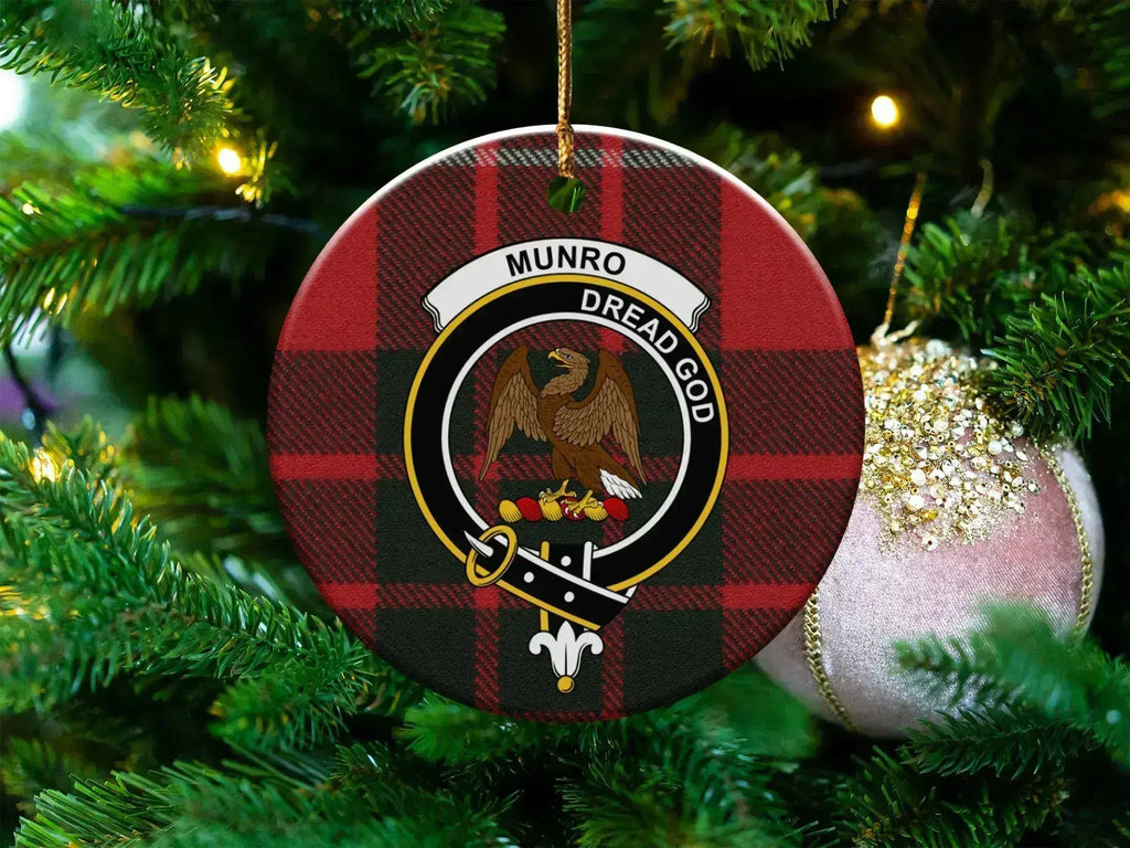 Clan Munro Dread God eagle crest tartan ceramic Christmas ornament — 3-inch round with gold hanging string