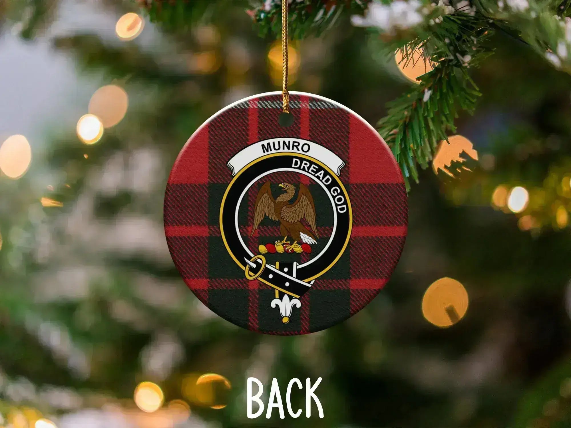 Munro Dread God tartan clan crest Christmas tree ornament — double-sided UV printed ceramic