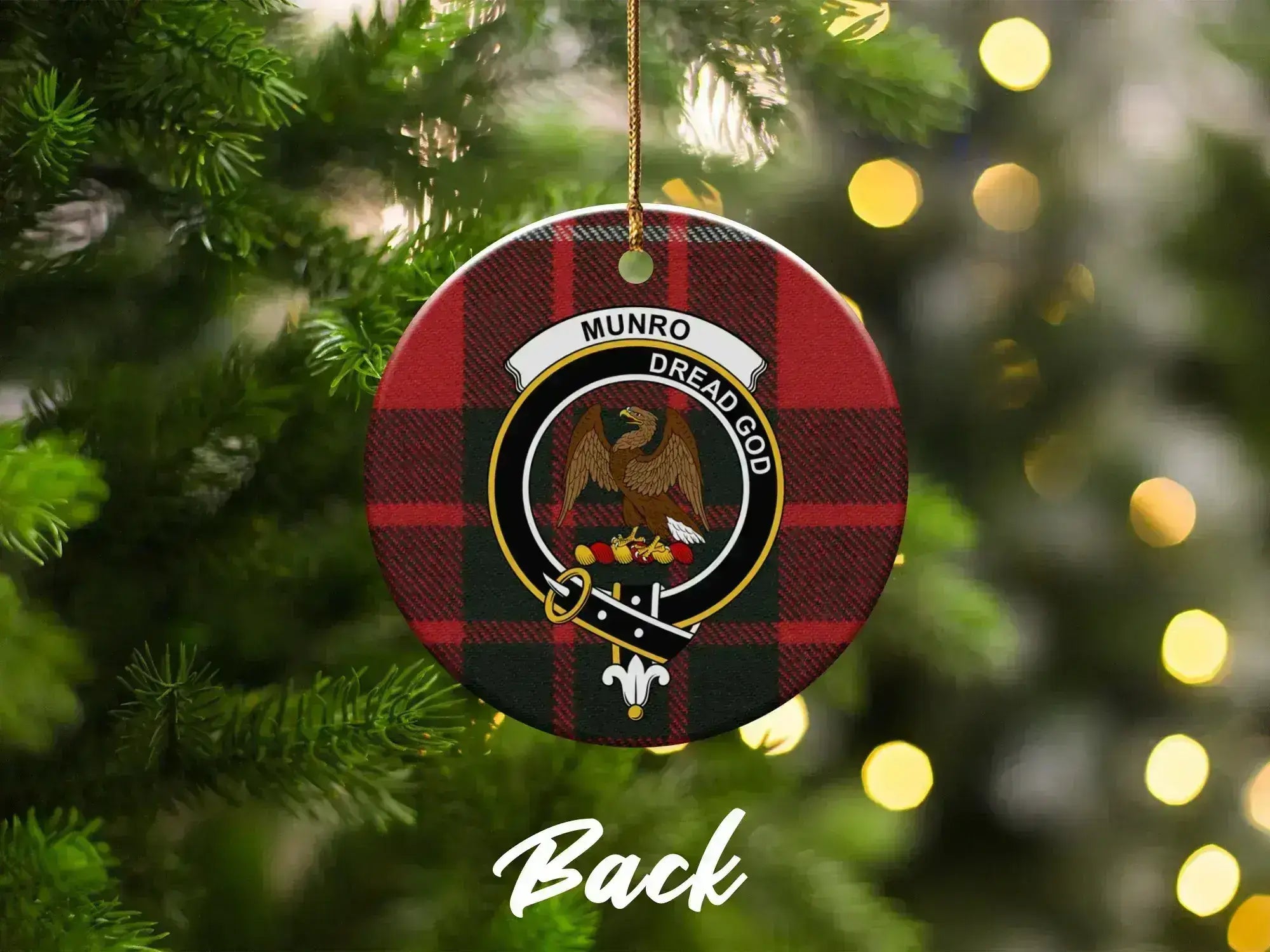 Munro Dread God eagle clan crest plaid Christmas ornament — 3-inch round ceramic