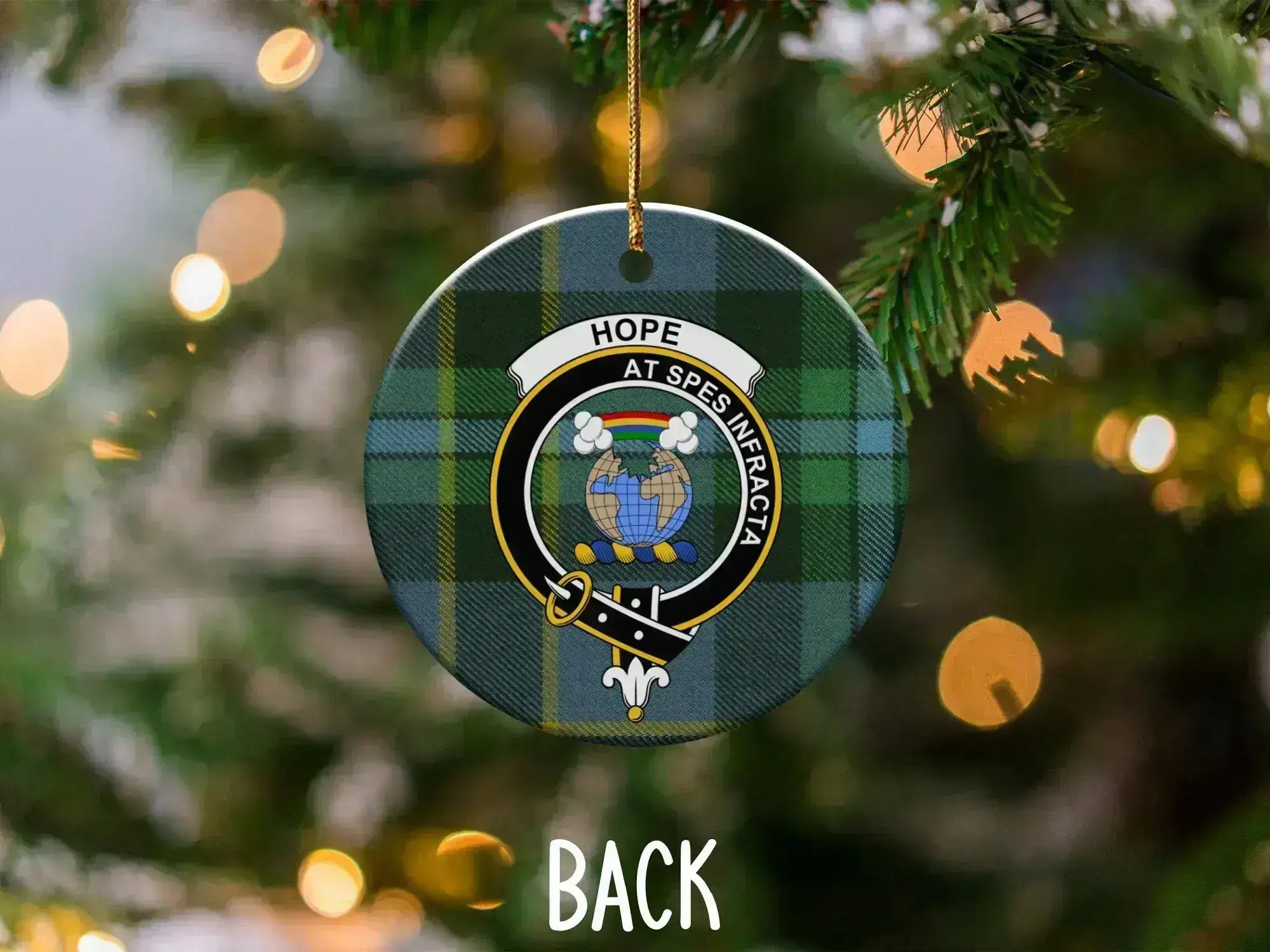 Munro clan crest tartan ornament — double-sided UV printed ceramic with Dread God design