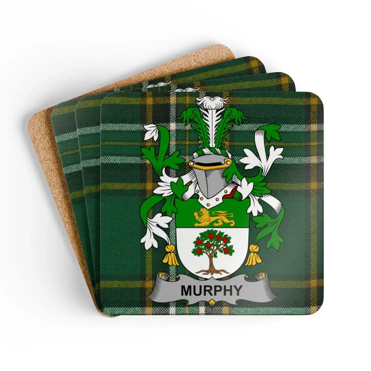 Murphy Irish family crest coaster set on the Irish National Tartan
