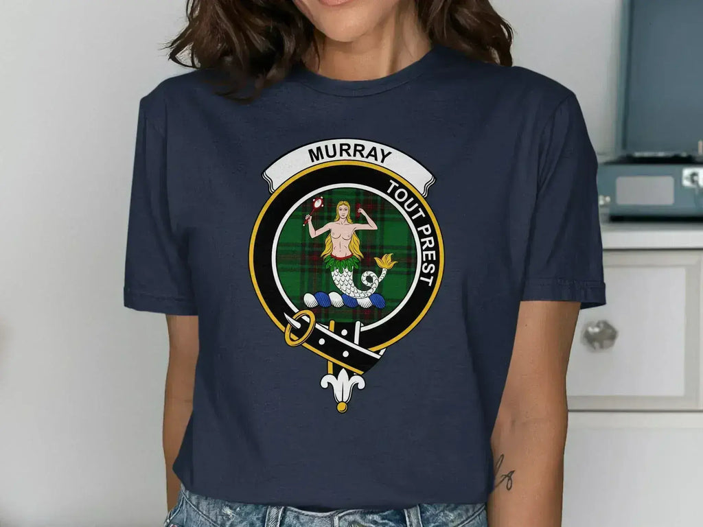 Murray Tout Prest mermaid family crest t-shirt in navy — front view showing clan tartan badge