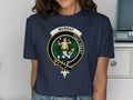 Murray Tout Prest mermaid family crest t-shirt in navy — front view showing clan tartan badge