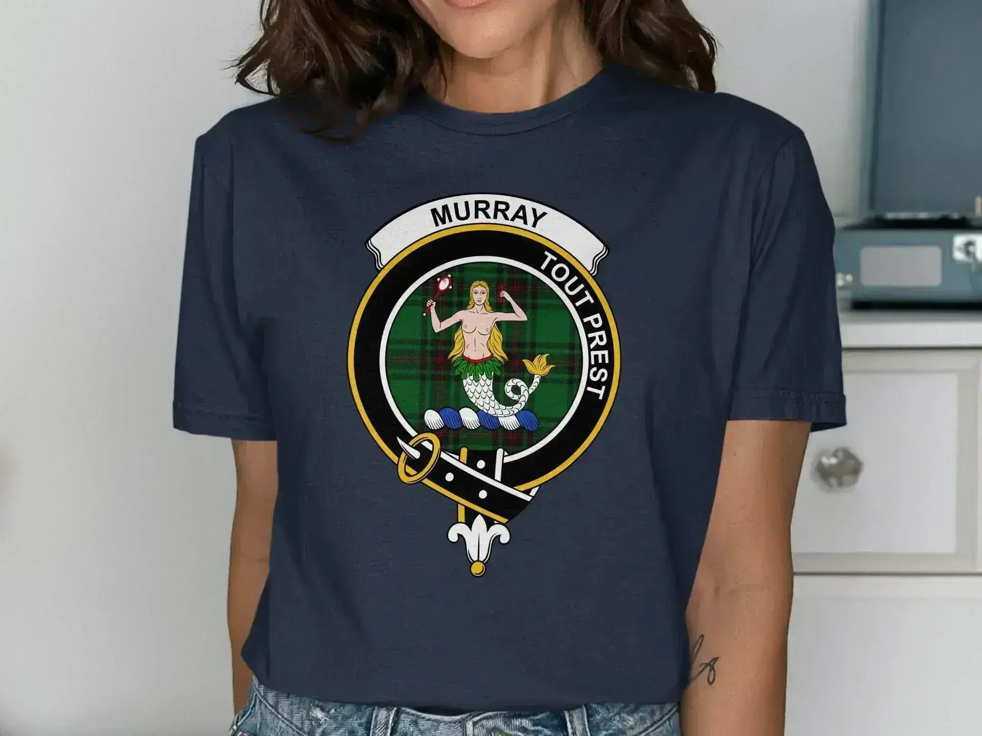 Murray Tout Prest mermaid family crest t-shirt in navy — front view showing clan tartan badge