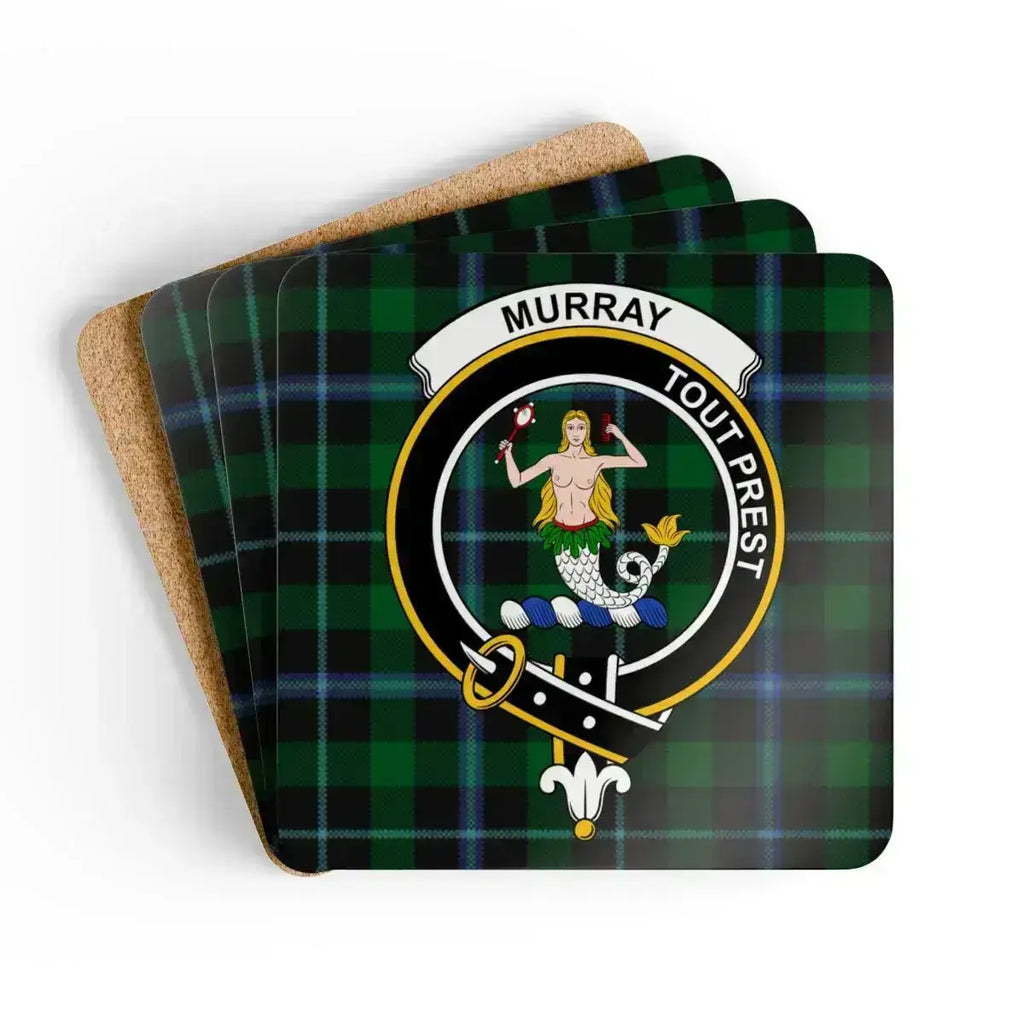 Clan Murray Tout Prest mermaid crest tartan cork coaster set — four 3.75-inch square glossy coasters