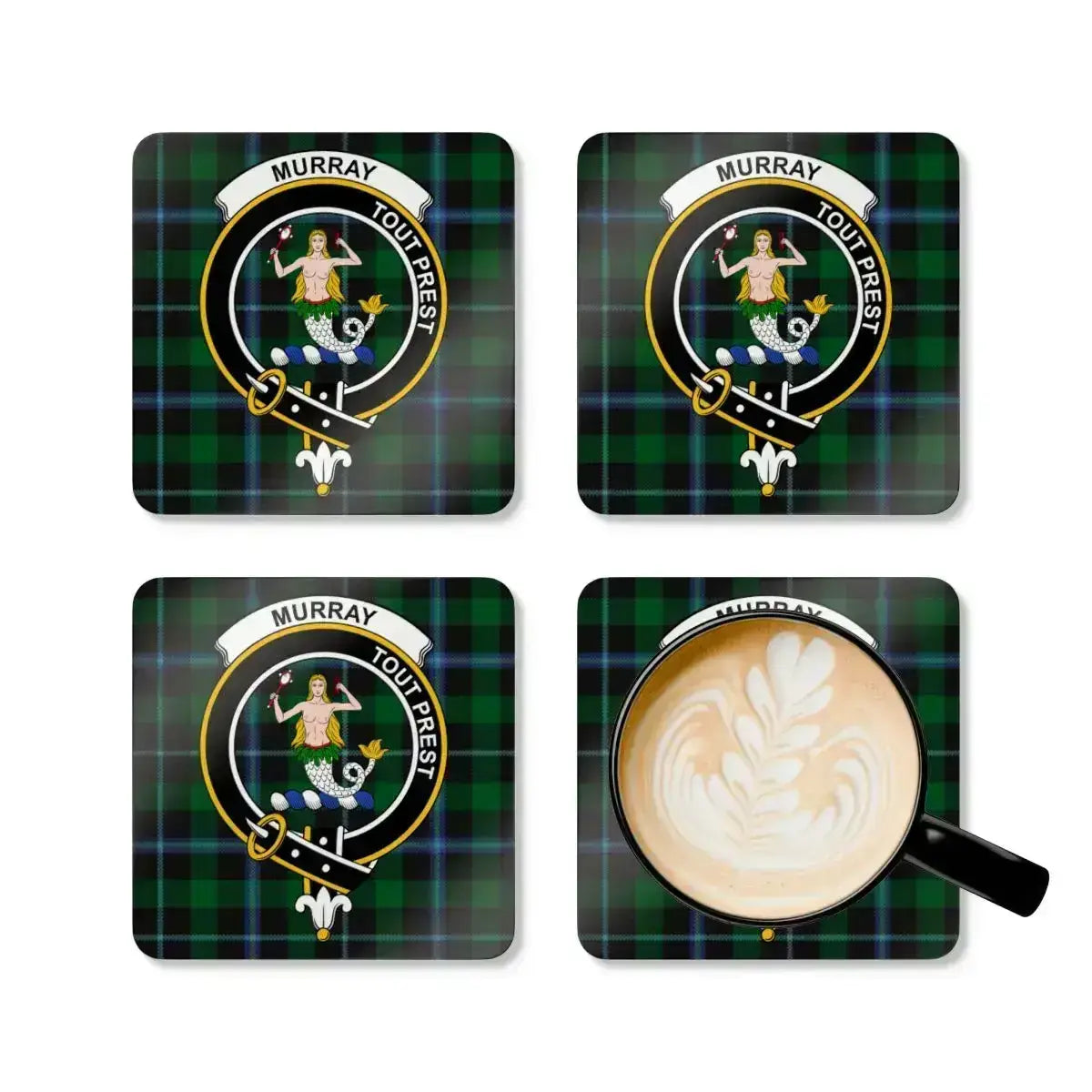 Murray Tout Prest tartan crest coasters — mermaid clan crest on square cork coaster set