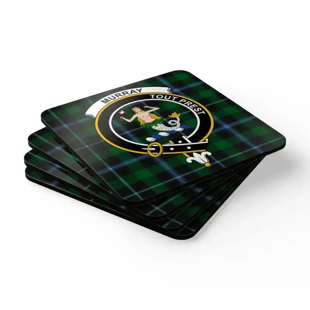 Murray Tout Prest tartan clan crest coaster — natural cork base with mermaid heraldic design