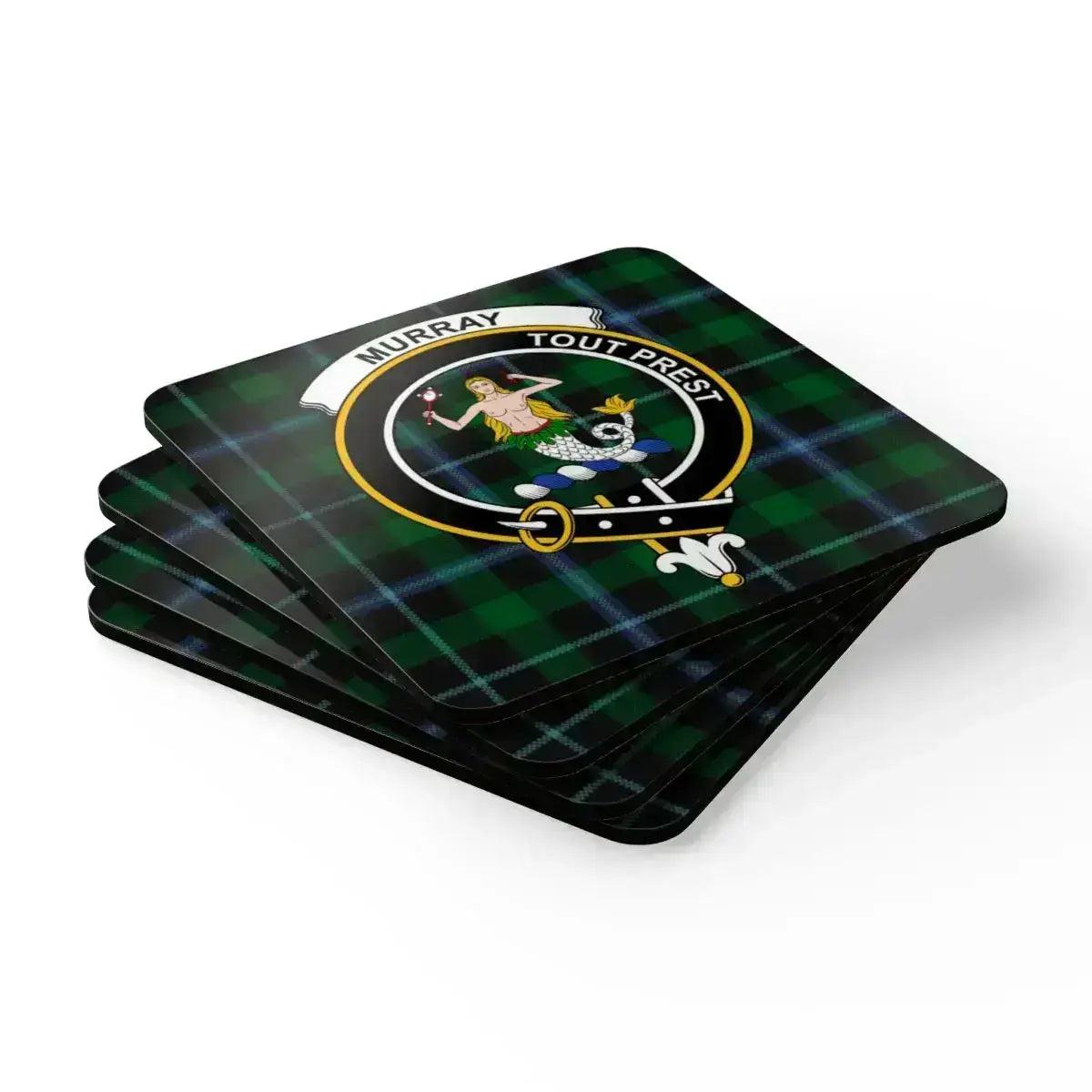 Murray Tout Prest tartan clan crest coaster — natural cork base with mermaid heraldic design