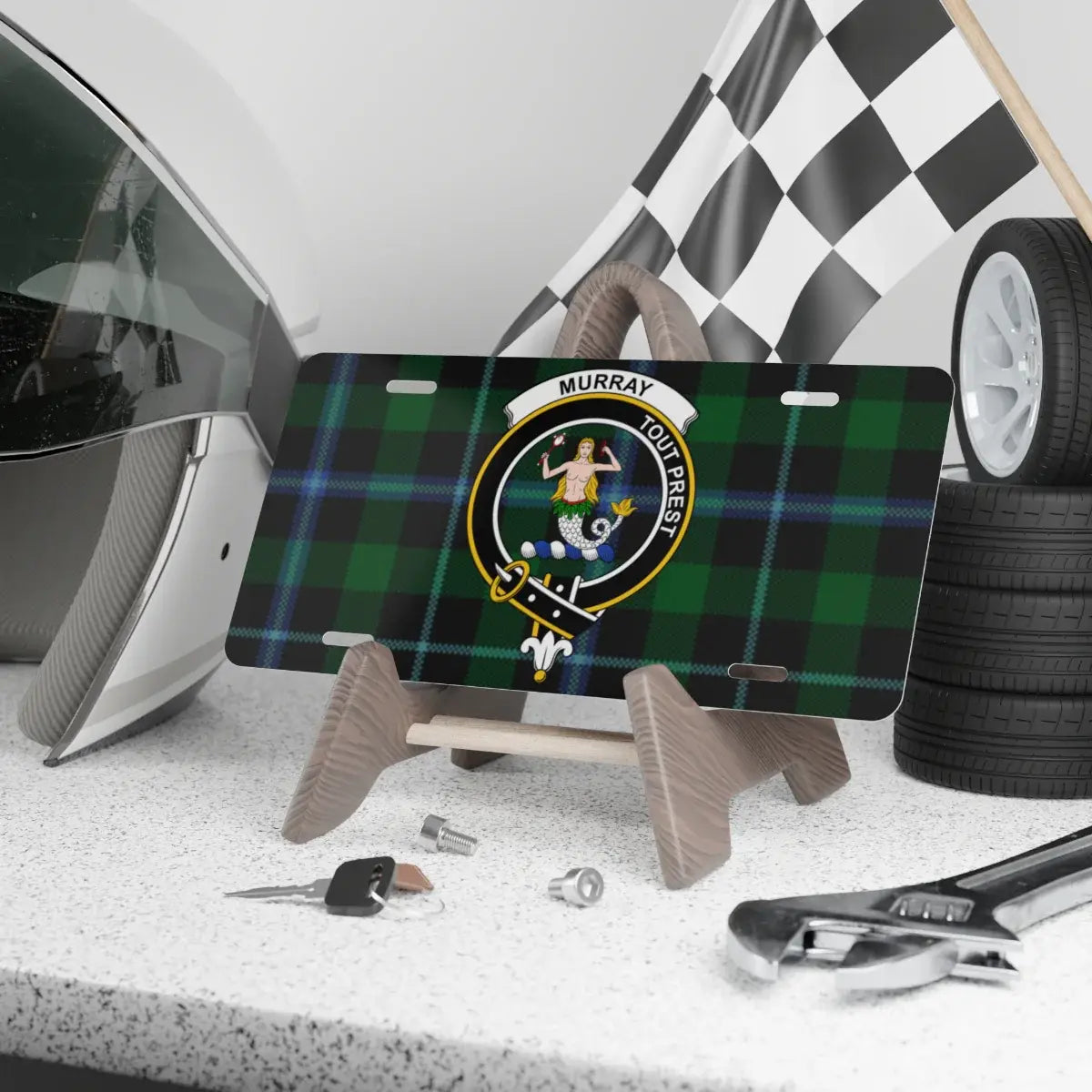 Clan Murray Tout Prest mermaid crest tartan novelty license plate — 12x6 inch aluminium with printed clan design