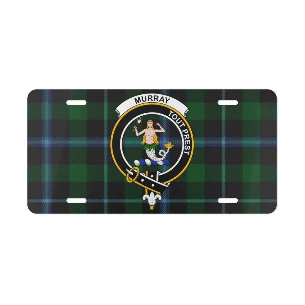 Murray Tout Prest clan coat of arms tartan license plate — pre-drilled aluminium novelty plate
