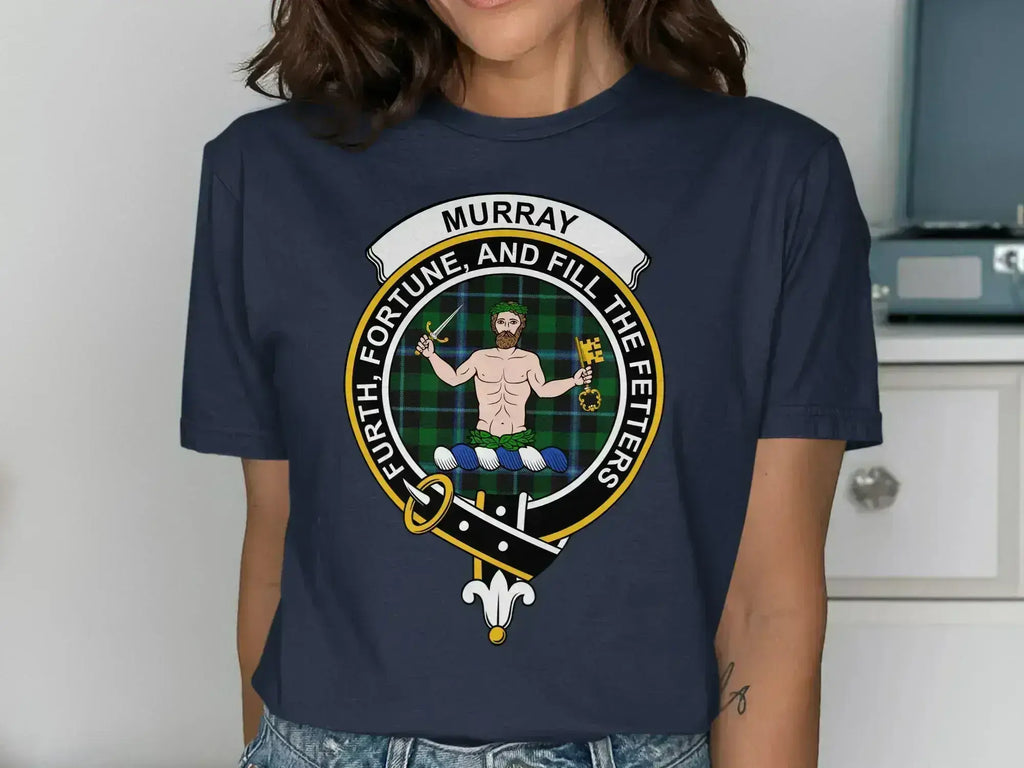 Murray family crest t-shirt in navy — Furth Fortune Scottish heritage clan design on cotton tee
