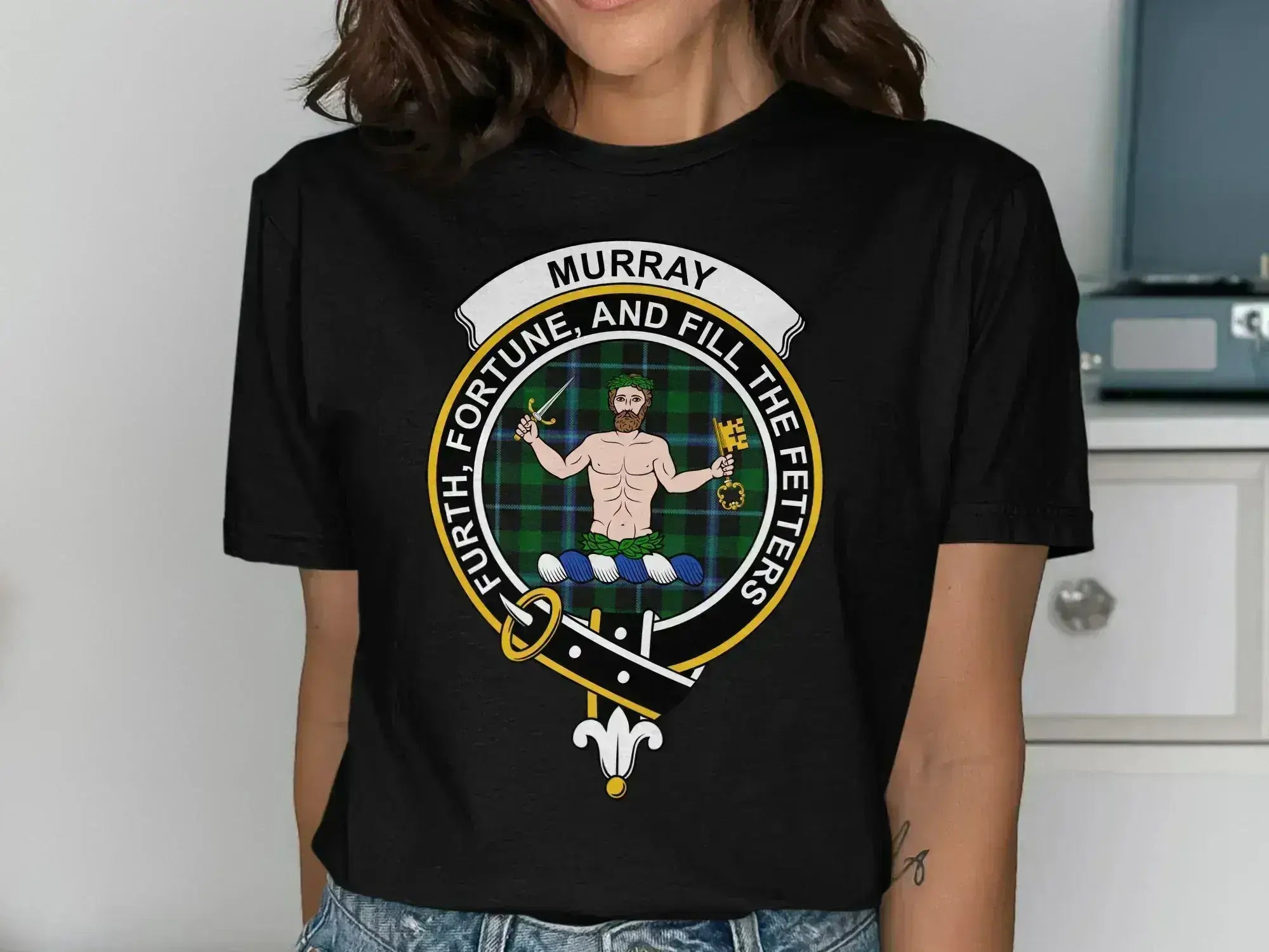 Murray Furth Fortune emblem graphic t-shirt in forest green — clan crest on cotton short sleeve