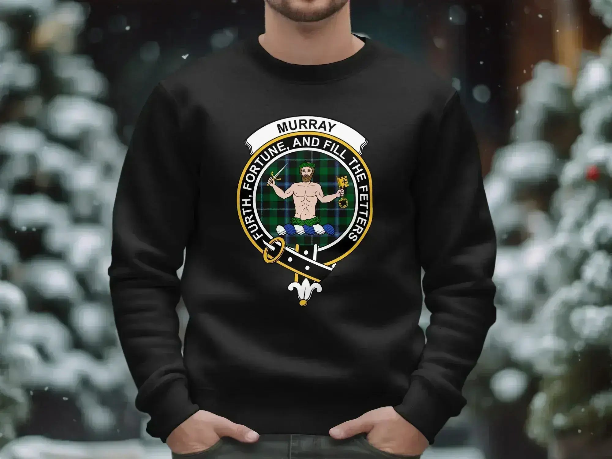 Murray Furth Fortune and Fill the Fetters sweatshirt in black — clan design on fleece pullover