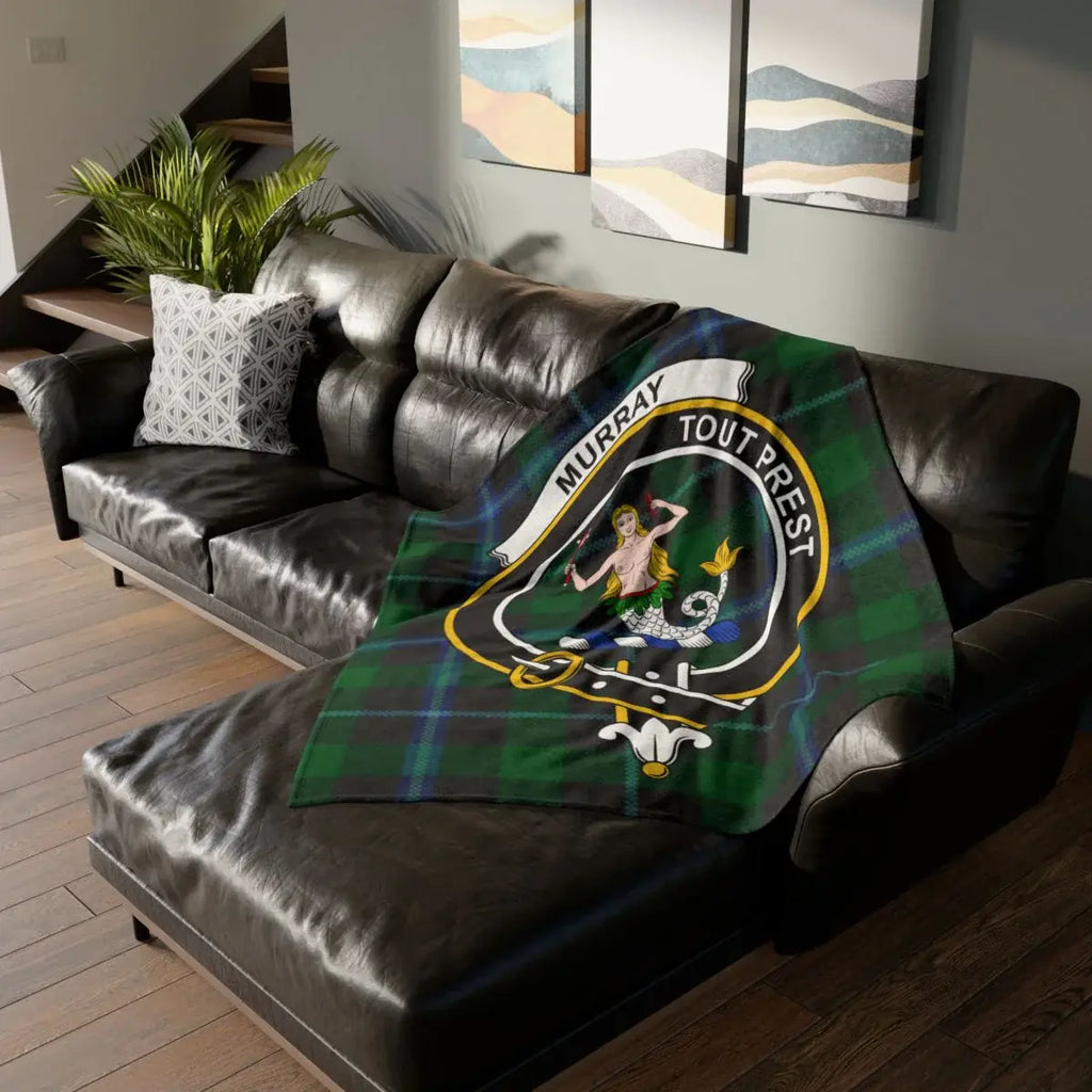 Clan Murray Tout Prest mermaid crest tartan throw blanket — clan colours on sofa, 50x60 inch polyester