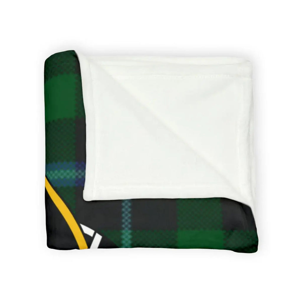 Murray clan green and black tartan throw blanket folded — mermaid crest on lightweight polyester