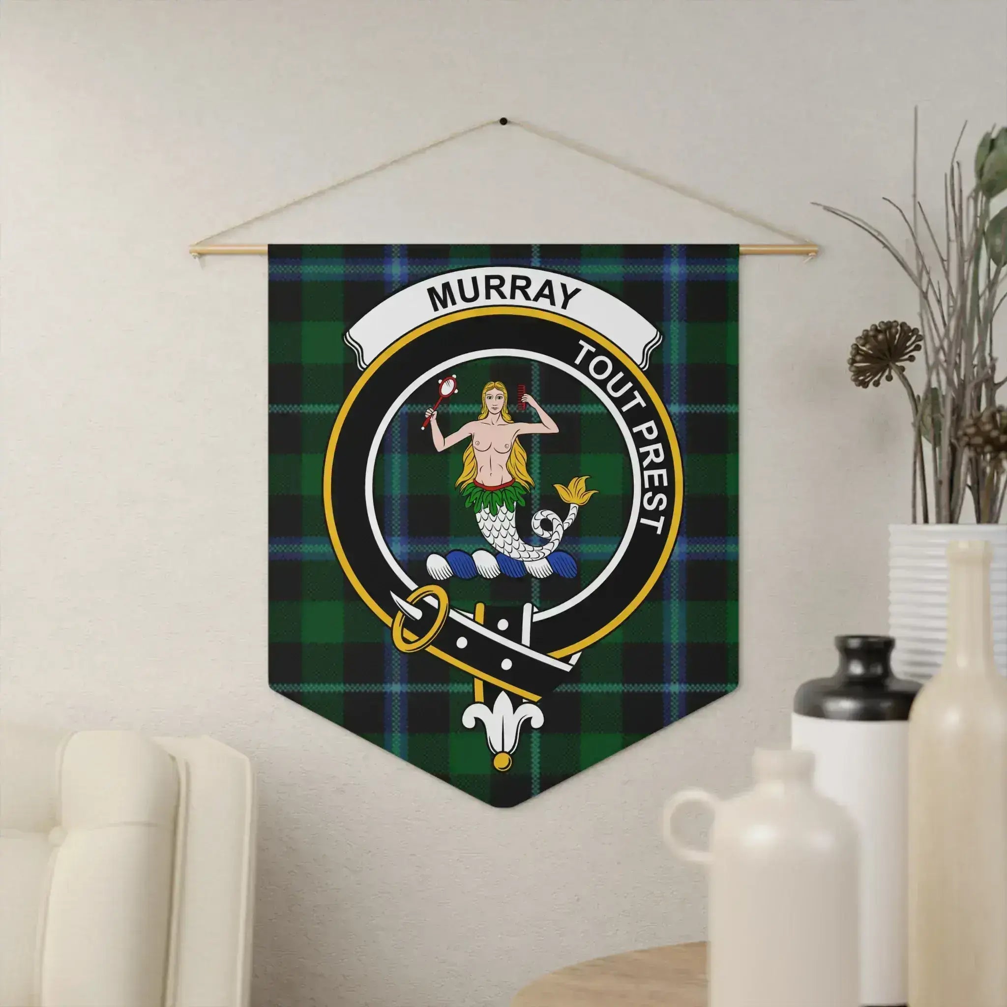 Clan Murray Tout Prest mermaid crest tartan pennant hung on wall — 18x21 inch polyester twill with wooden dowel
