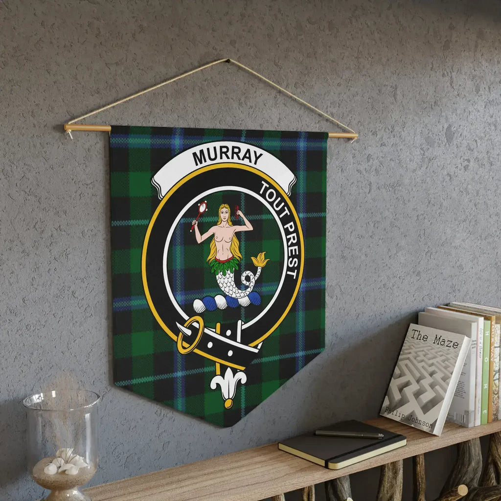 Murray Tout Prest clan crest tartan pennant — laser-cut edge and mermaid clan design on wall