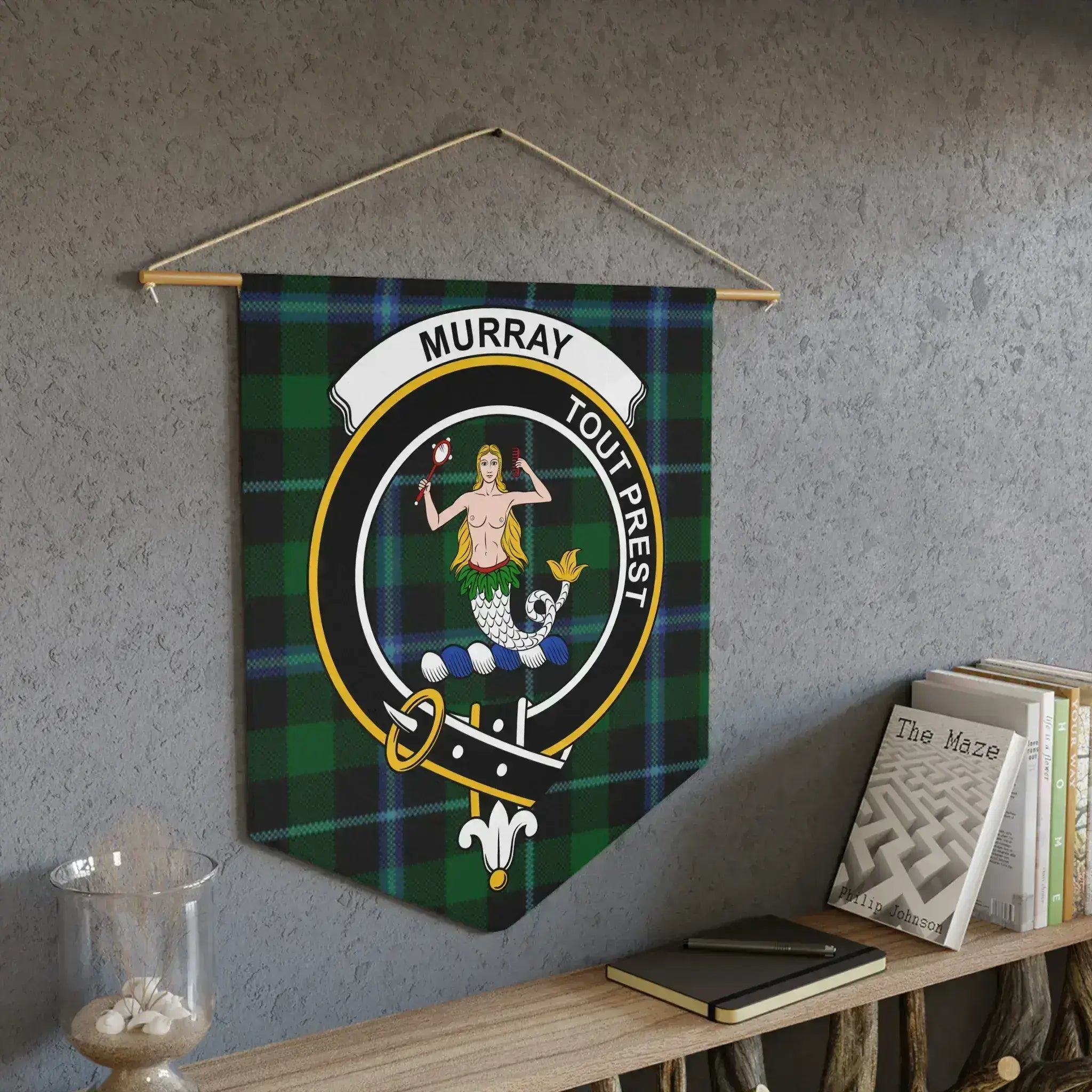 Murray Tout Prest clan crest tartan pennant — laser-cut edge and mermaid clan design on wall