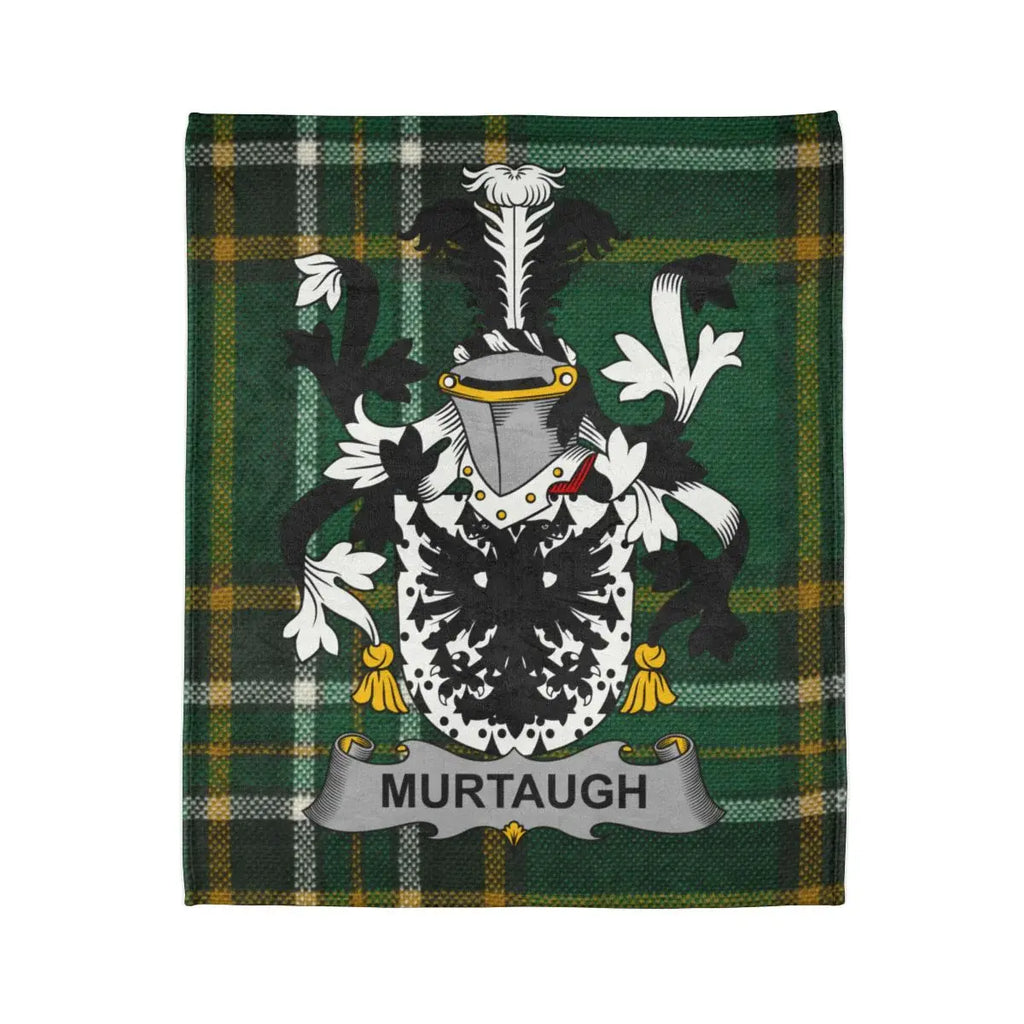 Murtaugh Family Crest on Green Tartan Plaid Blanket