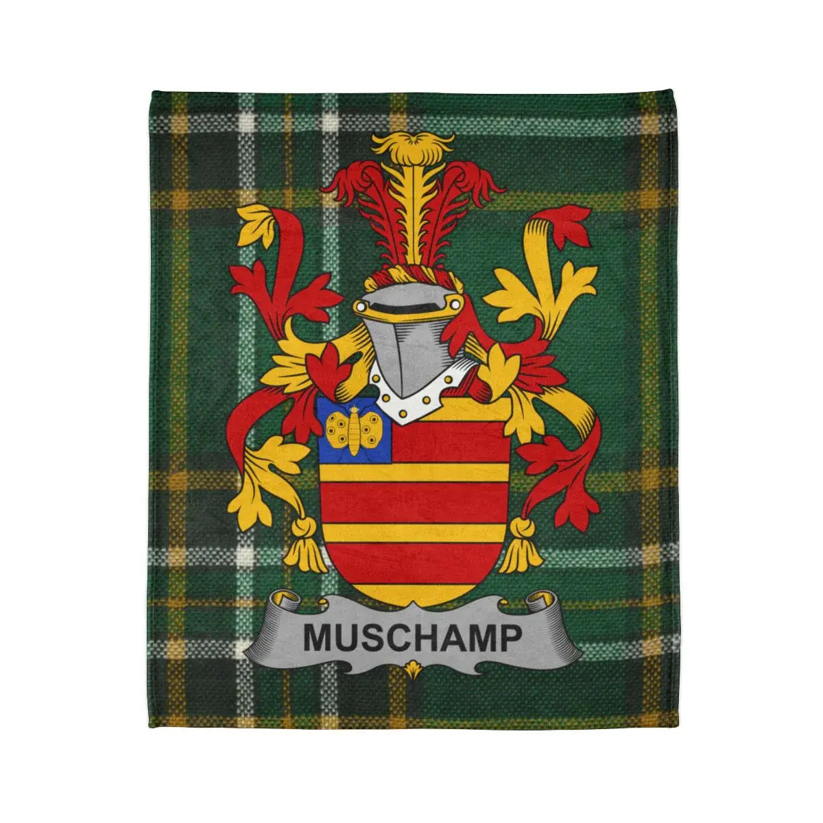 Muschamp Family Crest on Plaid Design Blanket