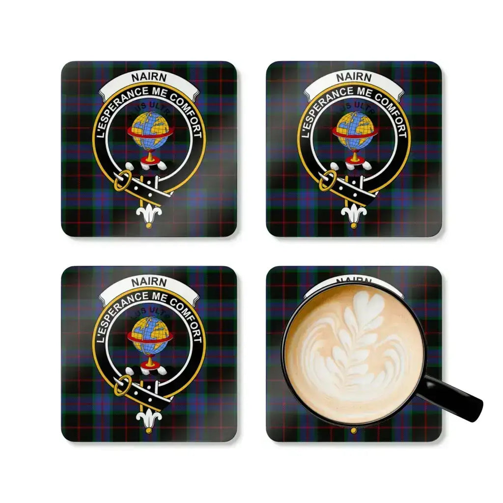 Nairn L'Espérance Me Conforte crest coaster set — full-colour tartan print on cork base