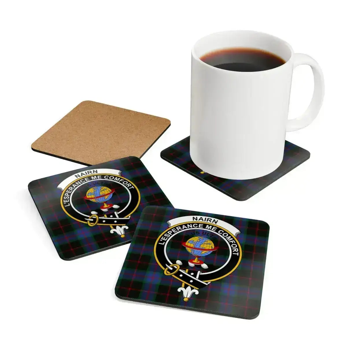 Clan Nairn tartan plaid coasters — set of 4, glossy print, natural cork