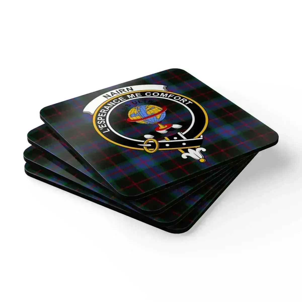Nairn clan crest coasters on table — Scottish tartan set of four, cork backed
